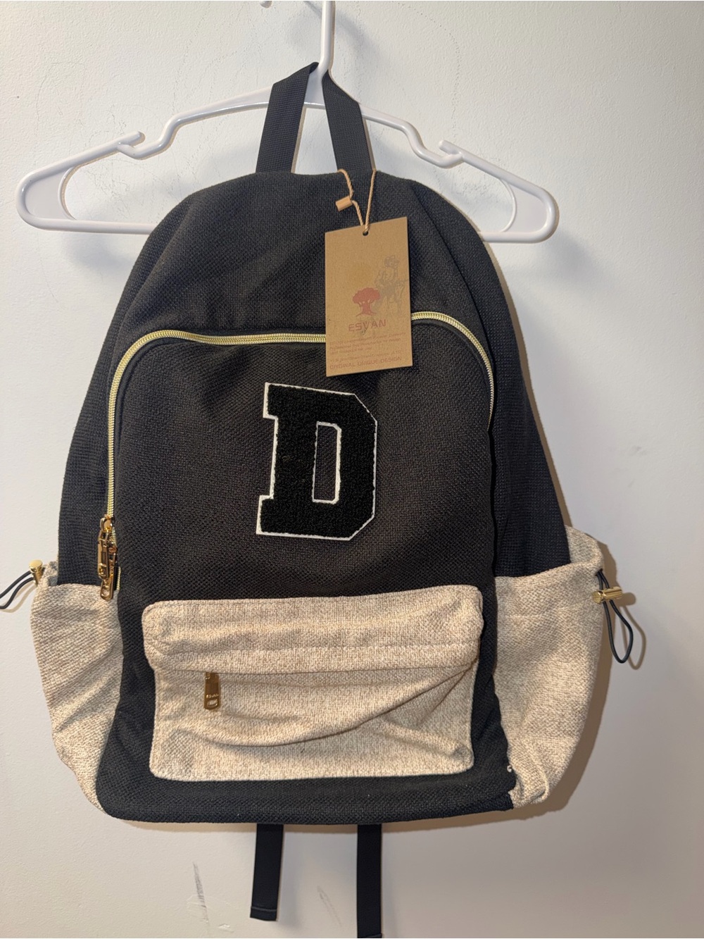 Black and Cream Canvas Backpack with 'D' Patch